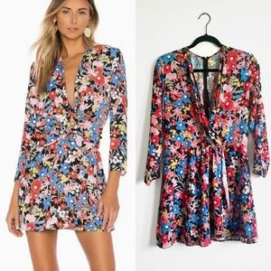 NWT RESA Iris Bow Floral Surplice Mini Dress Colorful Floral Boho